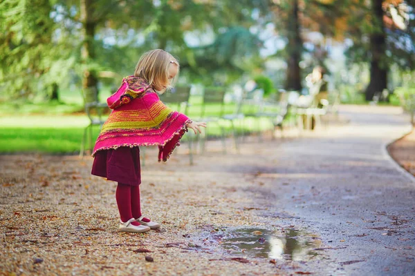 Menina Adorável Criança Brincando Parque Outono Miúdo Feliz Atirar Pedras — Fotografia de Stock