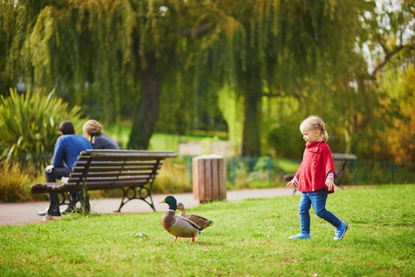 Förtjusande Liten Flicka Som Leker Höstparken Glad Unge Njuter Höstdagen — Stockfoto