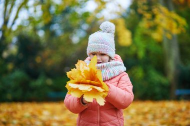 Neşeli küçük kız Paris, Fransa 'daki sonbahar parkında yürüyüşünün tadını çıkarıyor.