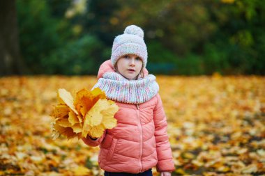 Neşeli küçük kız Paris, Fransa 'daki sonbahar parkında yürüyüşünün tadını çıkarıyor.