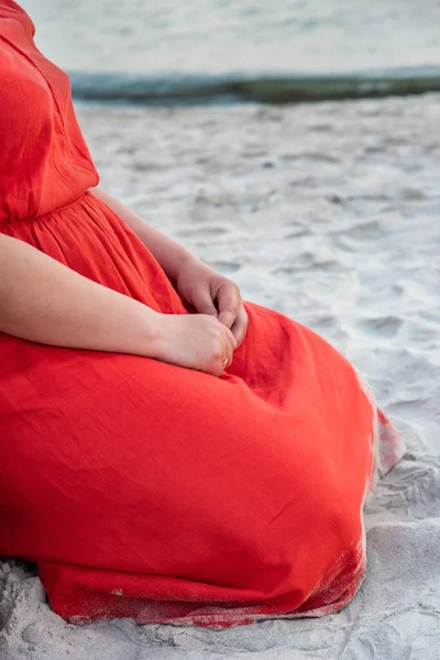 Pregnant Woman Sandy Coast — Stock Photo, Image