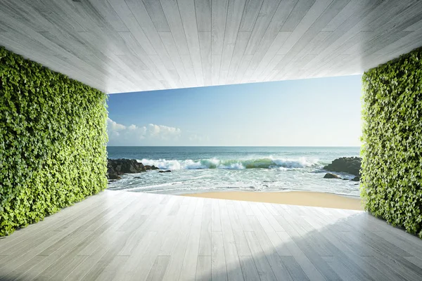 Moderna Sala Estar Con Jardines Verticales Vistas Mar Ilustración —  Fotos de Stock