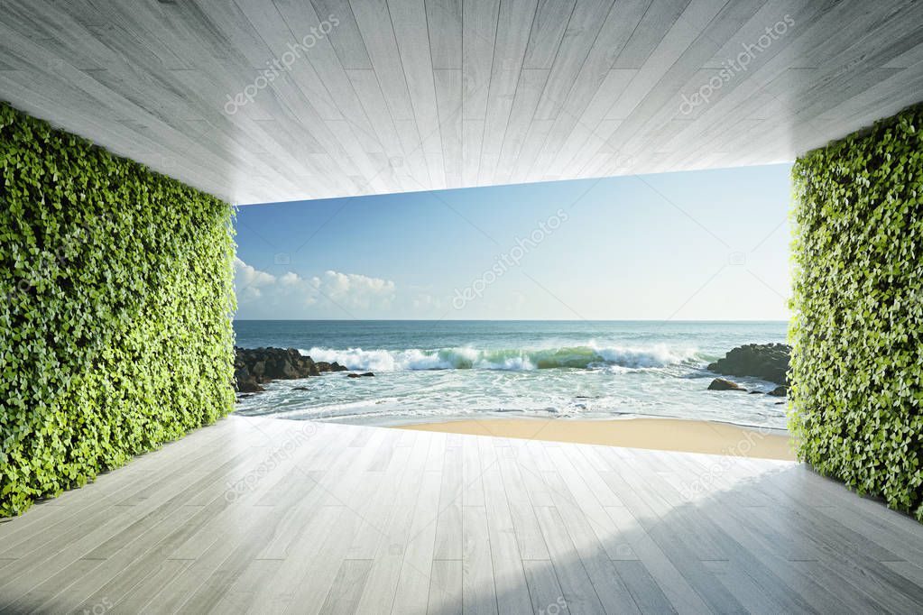 Modern lounge area with vertical gardens and view of sea. 3D illustration.