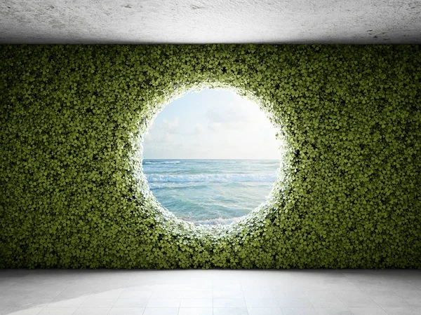 Large round window in the wall from vertical garden. 3D illustration.