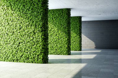 Mimari tasarım dikey bahçe ile modern binası. 3D çizim.