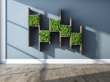 Dekoratif raflar ve dikey bahçe ile iç. 3D çizim.