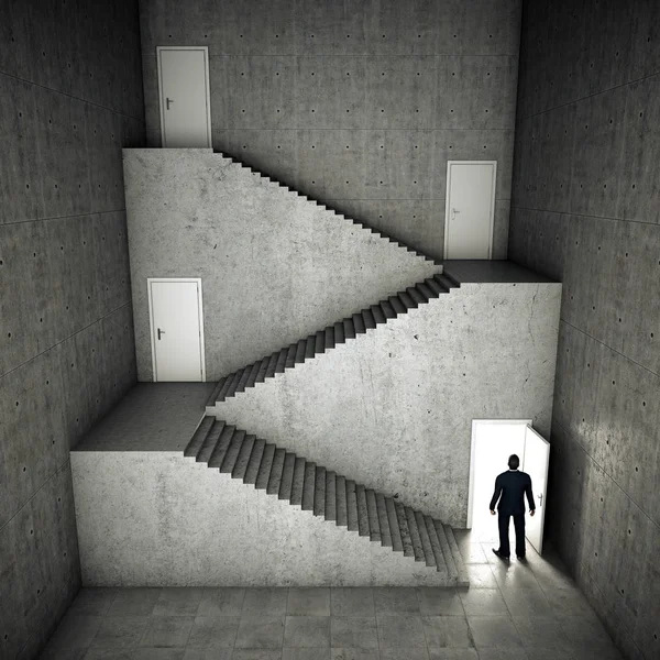 Empresário Decide Que Escolha Fazer Escadaria Porta Aberta Com Luz — Fotografia de Stock