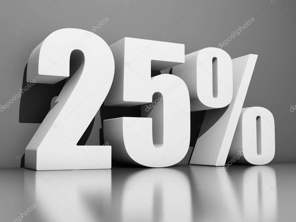 Twenty five percent discount on gray background. 3D illustration.