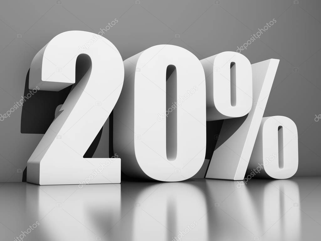 Twenty percent discount on gray background. 3D illustration.