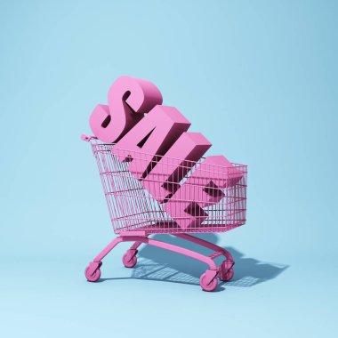 Word satışı ile alışveriş arabası. 3D çizim.