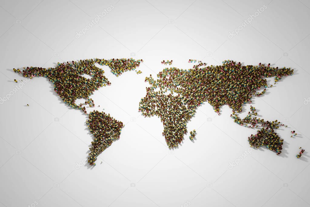 World map with people of different social and racial origins. 3D illustration.