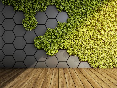 Dikey yeşil bahçe ile modern iç duvar. 3D çizim.