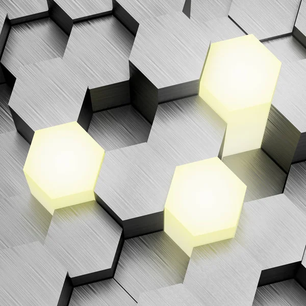 Fondo Bloques Hexagonales Metálicos Con Elementos Clave Brillantes Ilustración —  Fotos de Stock