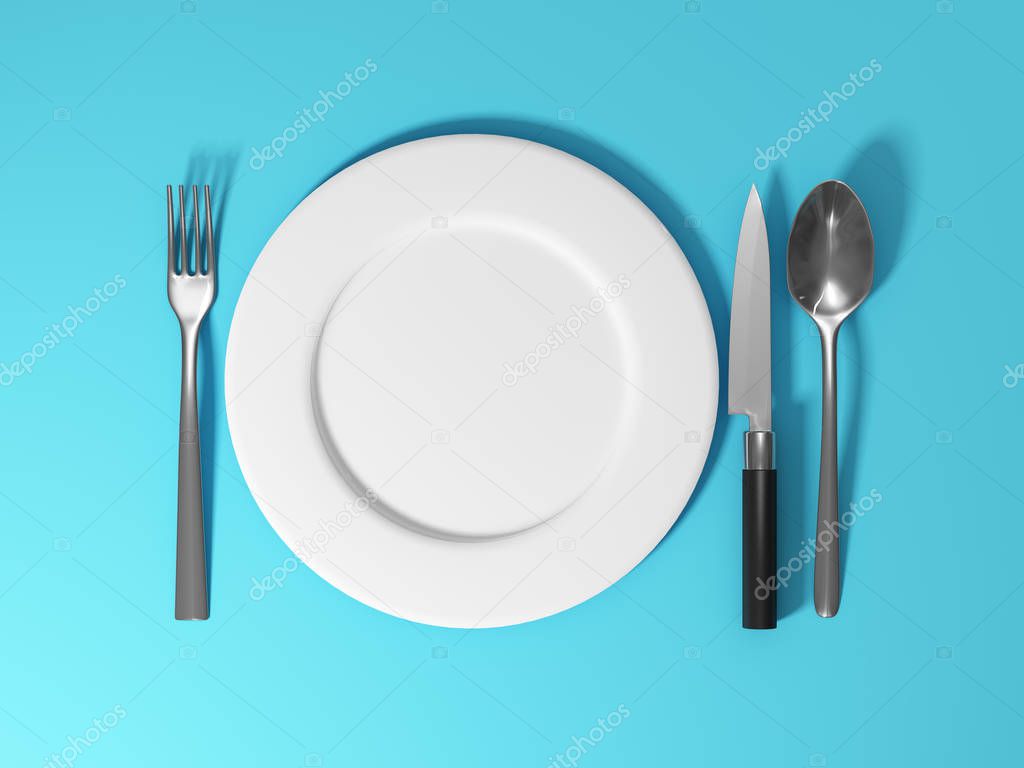 Dishes and cutlery on blue background. 3D illustration.