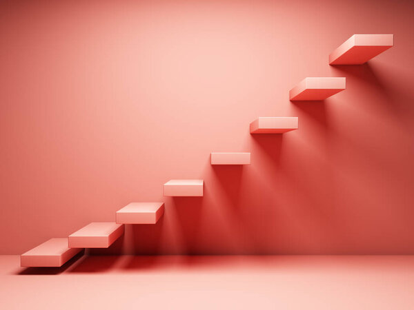 Abstract stairs in interior in coral tone. 3D illustration.