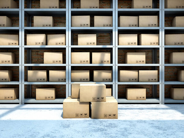 Warehouse with boxes on racks. 3D illustration.