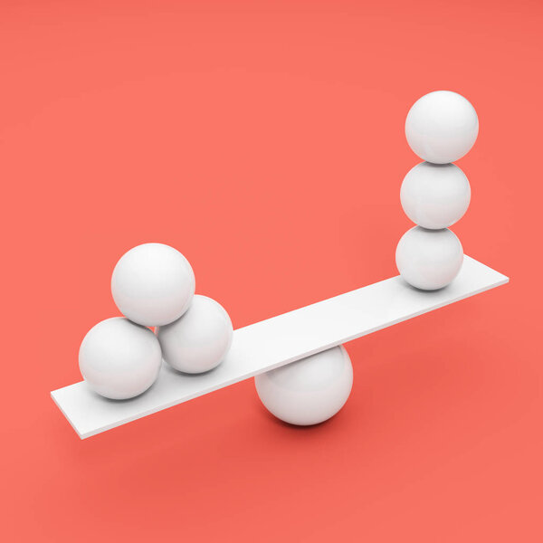 Balancing white ball on coral background. 3D illustration.