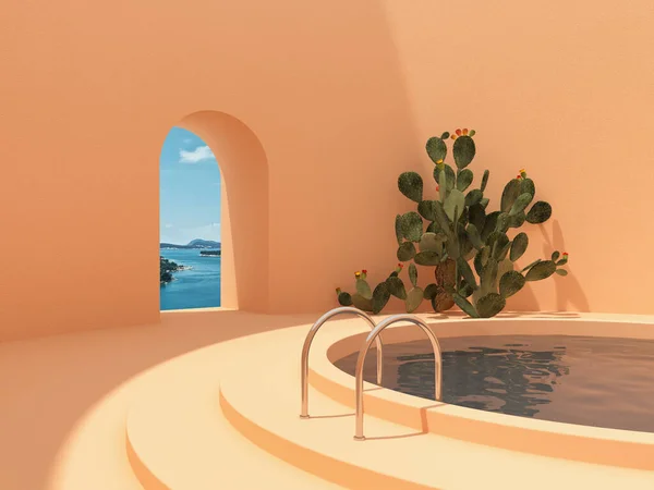 Swimming pool in hall with window and cactus, conceptual art in bright colors, 3D illustration, rendering.