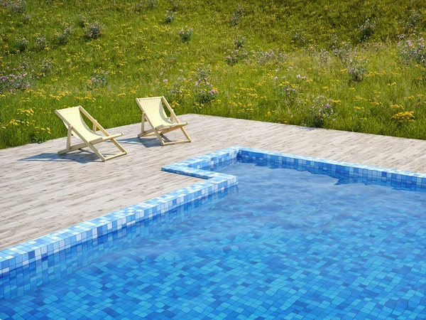 Zwembad Met Houten Vloer Ligstoelen Weide Met Bloemen Illustratie Rendering — Stockfoto