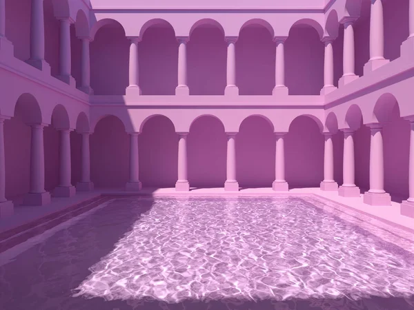 Dziedziniec Kolumnami Basenem Różowe Kolory Sztuka Konceptualna Ilustracja Renderowanie — Zdjęcie stockowe