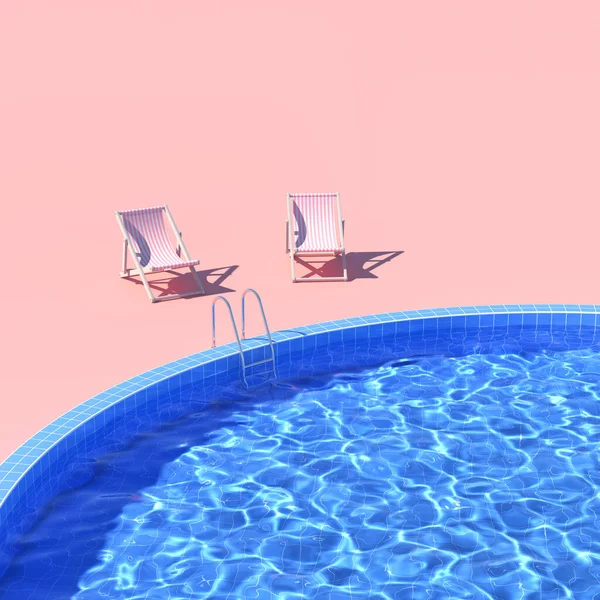Medence Lounge Székek Rózsaszín Stílusban Idő Pihenés Illusztráció Renderelés — Stock Fotó