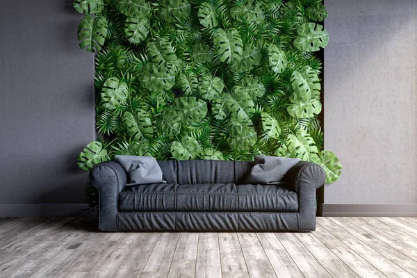 Interieur Van Kamer Met Groene Muur Van Verticale Tuinen Bank — Stockfoto