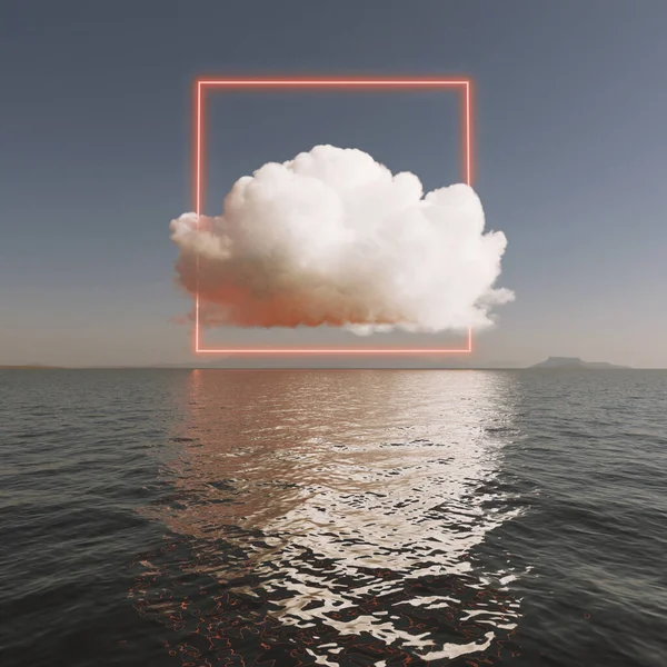 Cloud with glowing mystical neon beam above sea surface. 3D illustration, rendering.