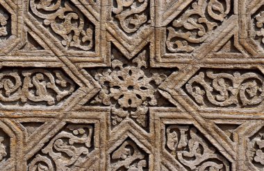 Ahşap kapı çiçek desenli ayrıntılarını Ortaçağ Karakhanid'ın mezar özgön, Oş bölge, Kırgızistan, unesco mirası
