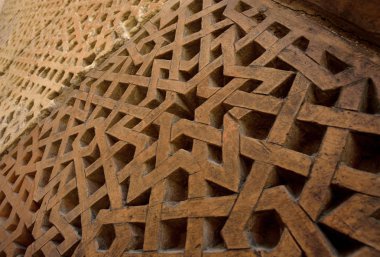 Geleneksel geometrik altıgen yıldız süs - Orta Çağ Orta Asya Sanatı güzel örneği, Karakhanid'ın Türbesi özgön, Kırgızistan, UNESCO miras ayrıntılarını
