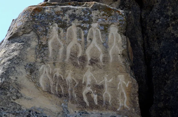 Neolithische Rotstekeningen Van Qobustan Beeltenis Dansen Mensen Azerbeidzjan Kaukasus Unesco — Stockfoto