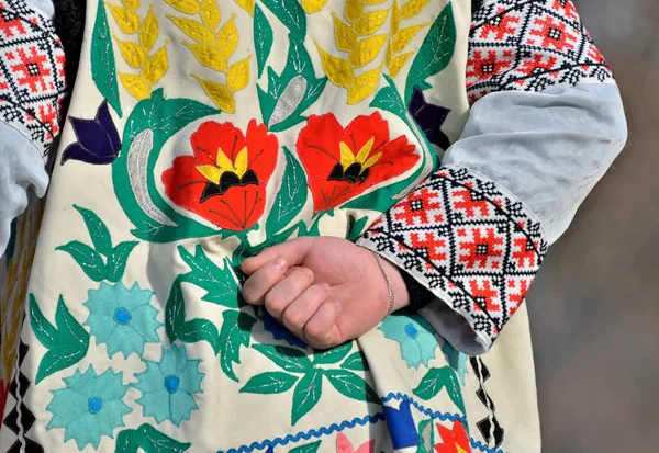 Schöne Ethnische Ukrainische Zierstickerei Mit Blumen Auf Hemd Und Weste — Stockfoto