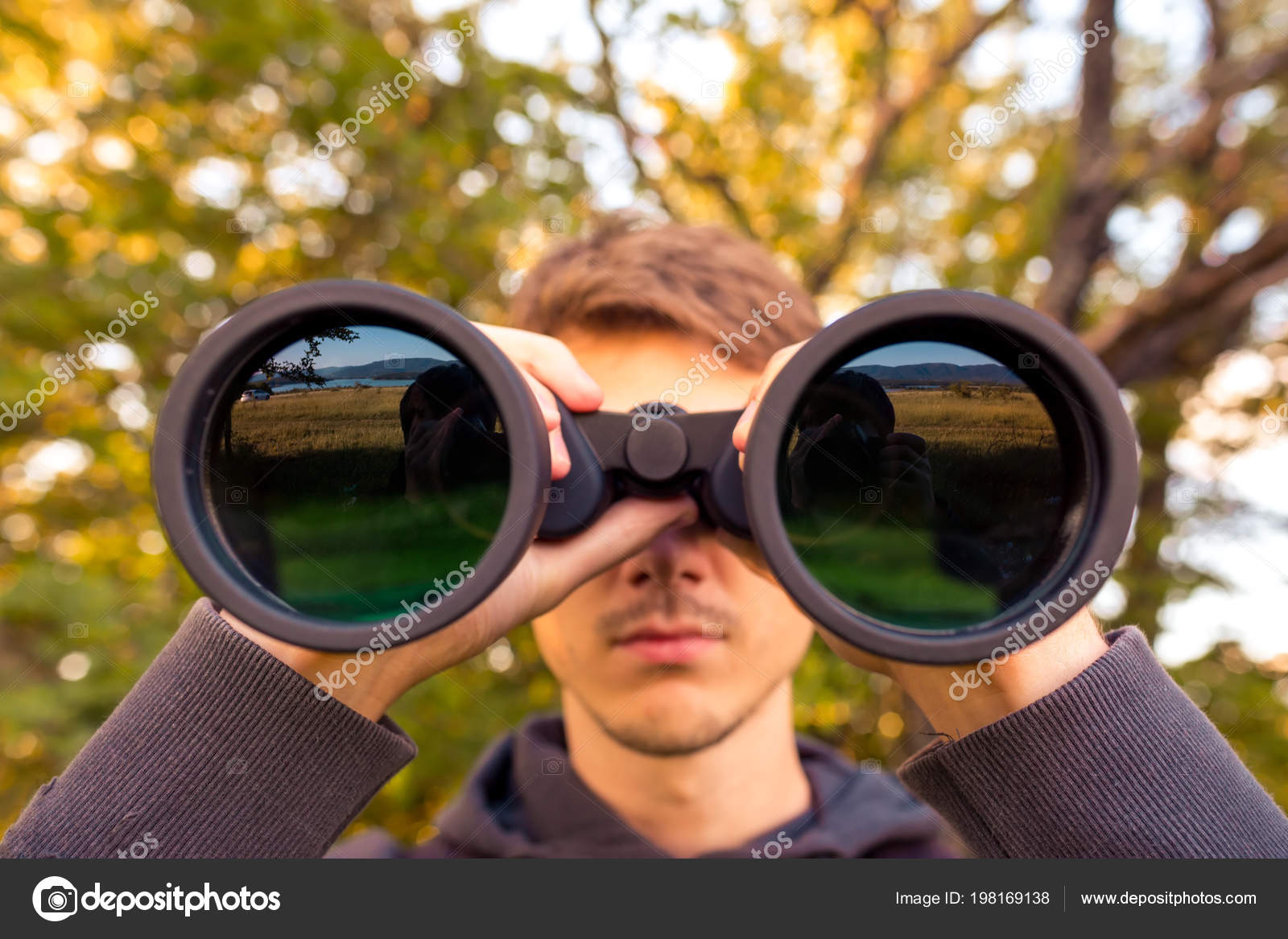 Young Man Use Binocular Forest Tourist Camping — Stock Photo © Santiaga