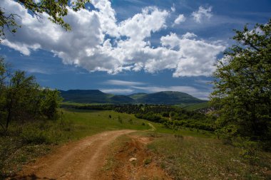 Yaz alan yol ve mavi gökyüzünde bulutlar. Güzel yaz alan güneşli gün