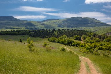 Yaz alan yol ve mavi gökyüzünde bulutlar. Güzel yaz alan güneşli gün