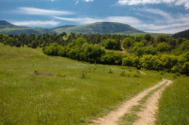 Yaz alan yol ve mavi gökyüzünde bulutlar. Güzel yaz alan güneşli gün