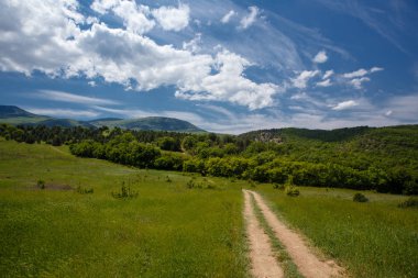 Yaz alan yol ve mavi gökyüzünde bulutlar. Güzel yaz alan güneşli gün