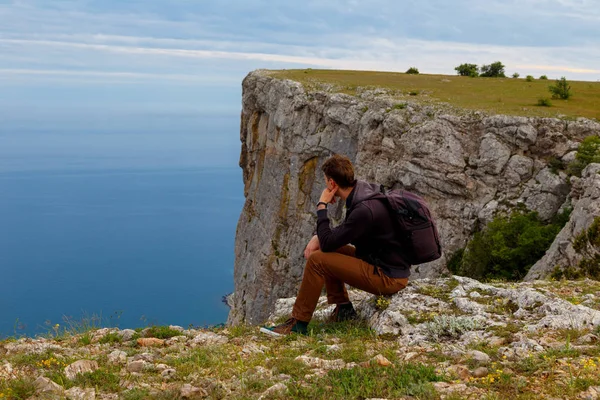 Man Top Mountain Conceptual Design Young Man Backpack Standing Raised Royalty Free Stock Photos