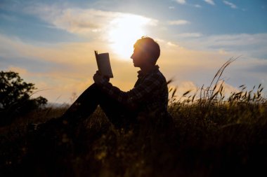 Parkta kitap okuyan adam. Akşamları denizin kenarında dalgakıran üzerinde oturan bir adamın silueti, kitap okuyor.