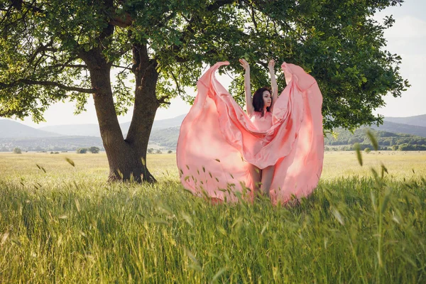 Schönheit Romantisches Mädchen Freien Schöne Teenager Modell Langen Rosa Kleid — Stockfoto