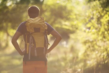 Sırt çantası rahatlatıcı orman ile açık arka plan yaz tatillerini ve yaşam tarzı kavramı ile genç adam Traveler