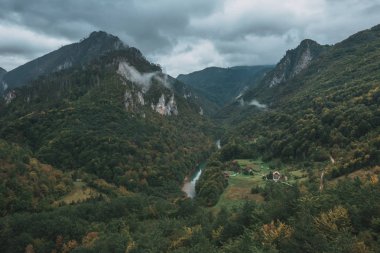 Durdevica beton kemer köprü. Sürüş arabalar ve insanlar ZIP-hatta sürme. Tara River canyon, Karadağ.