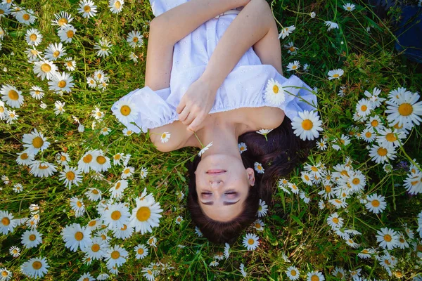 美丽的女人欣赏着雏菊田 美丽的女人躺在花草丛中 美丽的女孩在户外放松 快乐的抱着植物 快乐的年轻女士和春天的绿色天性 和谐的概念 — 图库照片
