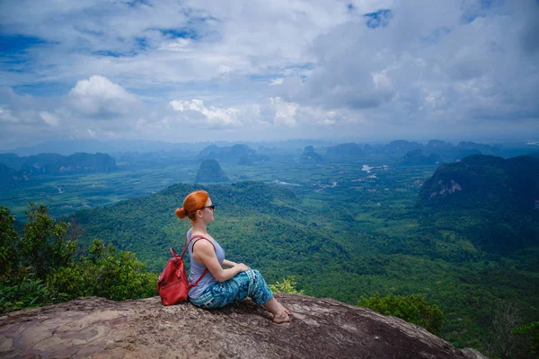 stock image Happy hiker with her arms outstretched, freedom and happiness, achievement in mountains. Thailand, View Point, Nature Trail, Tab Kak