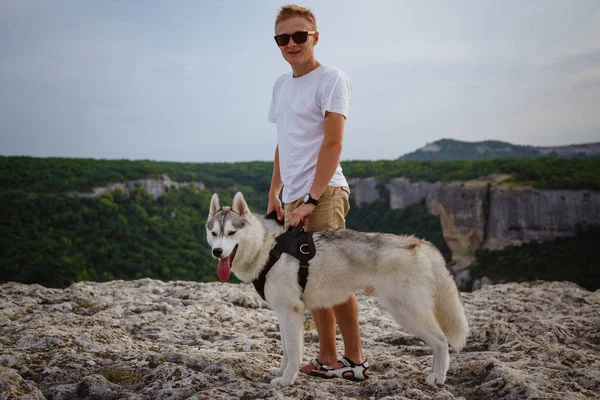 uzun yürüyüşe çıkan kimse ile dağlarda güzel manzaraya bakarak Sibirya husky köpek