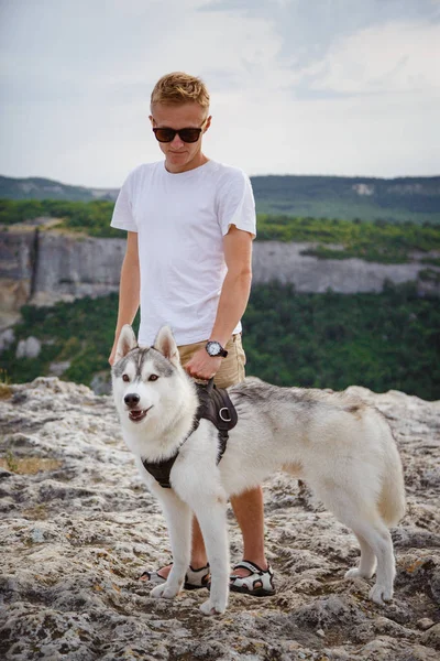 uzun yürüyüşe çıkan kimse ile dağlarda güzel manzaraya bakarak Sibirya husky köpek