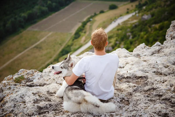 Hiker Siberian Husky Dog Looking Beautiful View Mountains — Stock Photo, Image