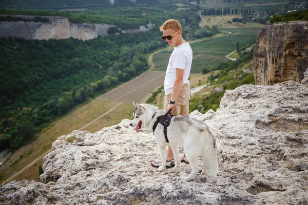 uzun yürüyüşe çıkan kimse ile dağlarda güzel manzaraya bakarak Sibirya husky köpek