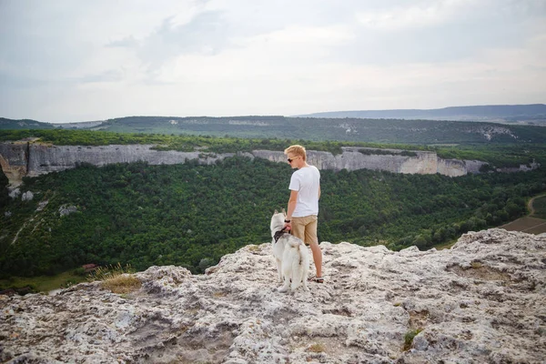 uzun yürüyüşe çıkan kimse ile dağlarda güzel manzaraya bakarak Sibirya husky köpek