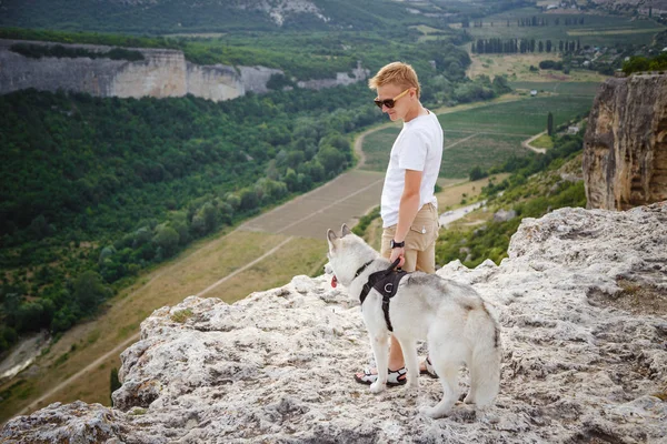Vandrare Med Siberian Husky Hund Tittar Vacker Utsikt Bergen — Stockfoto