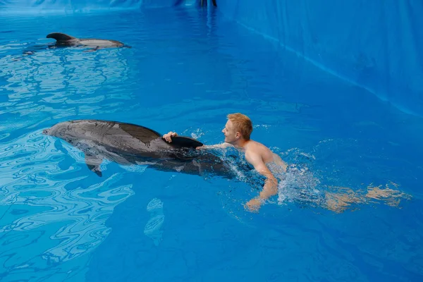 happy man swim with dolphin in dolphinarium